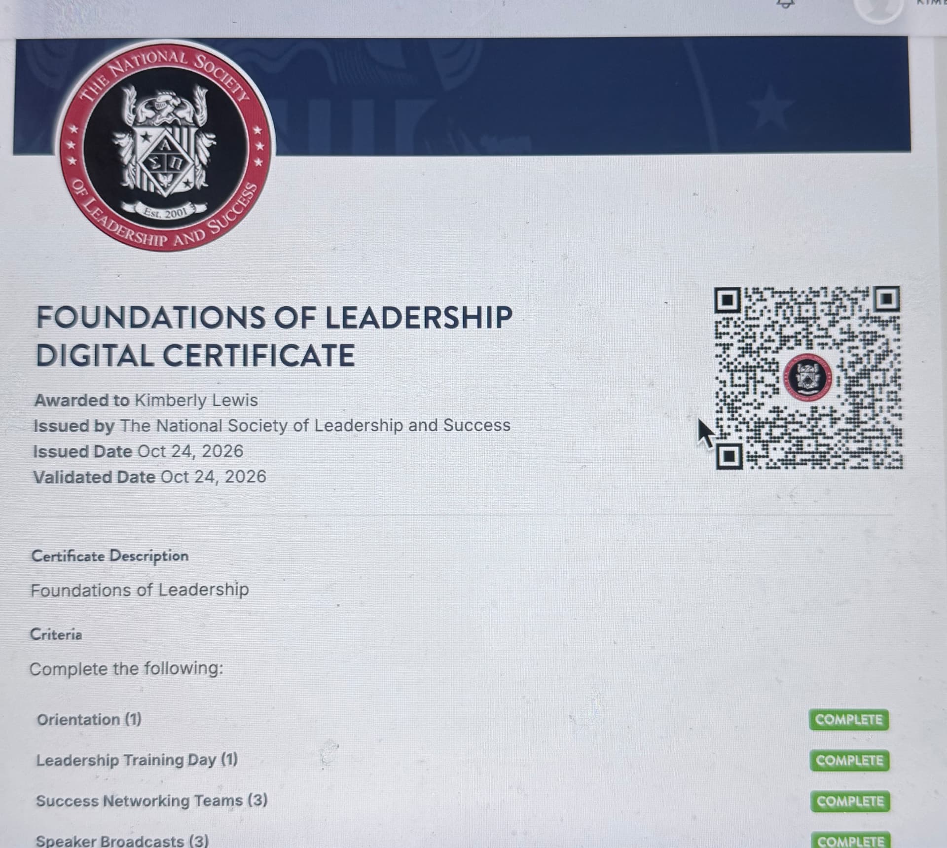 Kimberly Lewis's NSLS Foundations of Leadership digital certificate, issued October 24, 2026